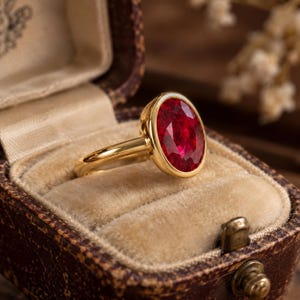Peut inclure: Une bague en or ornée d'une grande pierre précieuse rouge foncé de taille ovale, fixée dans un serti clos lisse. L'anneau est en or poli, et la bague est placée dans une boîte à bijoux vintage marron foncé doublée de velours.