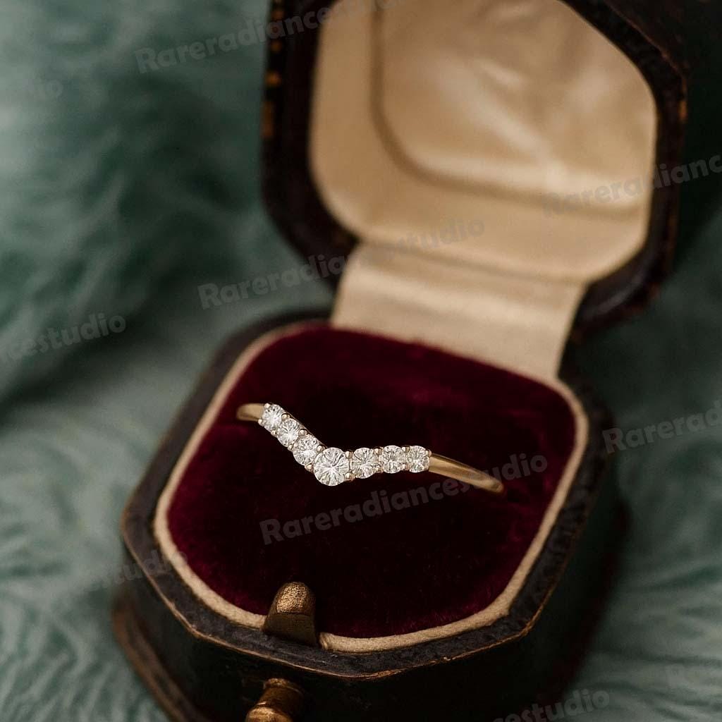 Round Cut Moissanite Curved Wedding Band, Handmade 14k Yellow Gold Round Cut Moissanite Matching Band Stacking Curved Bridal Ring For Her