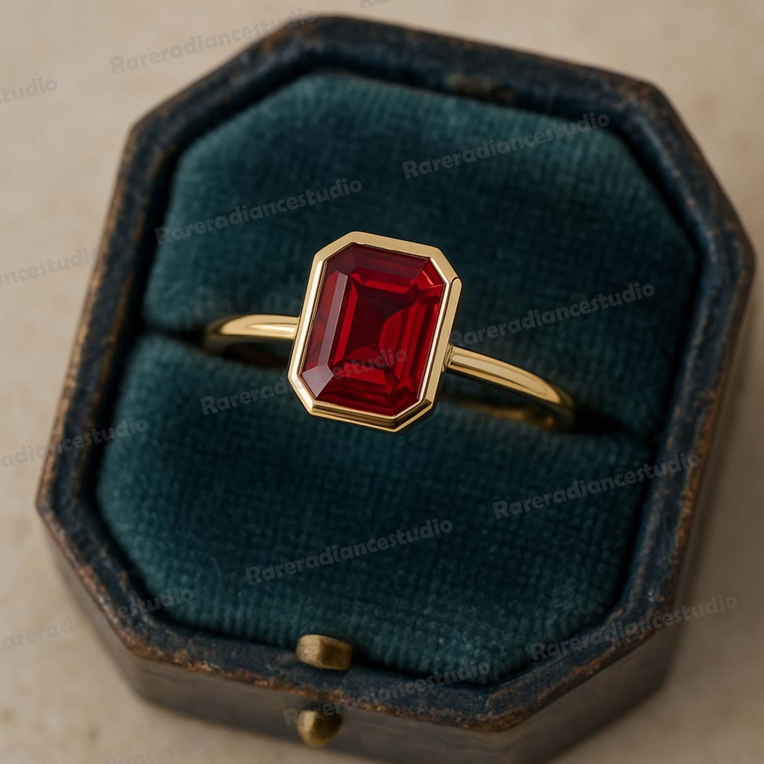 Vintage Emerald Cut Ruby Engagement Ring, Solid Yellow Red Gemstone ...