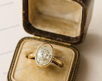 14K Solid Yellow Gold Oval Moissanite Engagement Ring, Trendy Best Friend Gift, Bezel Set Anniversary Promise Ring, Diamond Solitaire Ring