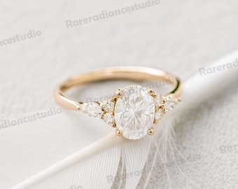 Anello di fidanzamento con moissanite ovale da 1,5 ct, anello di fidanzamento vintage in oro rosa, anello di fidanzamento con diamanti taglio marquise, anello da sposa in stile Art Déco fatto a mano