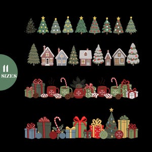 May include: An embroidered design featuring Christmas trees, houses, gifts, mugs of hot cocoa, and cookies. The design includes the text "11 SIZES" in a green circle. The color palette includes green, red, gold, and brown on a black background.