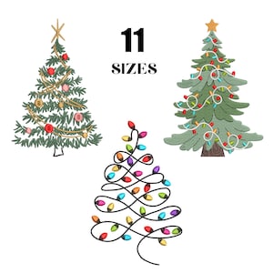 May include: Three embroidered Christmas tree designs on a white background. The trees feature green, gold, red, and multi-coloured details. The text "11 SIZES" is in black, centered above the trees.