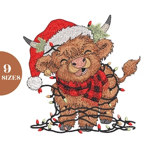 May include: An embroidered design of a Highland cow wearing a Santa hat and a red and black plaid scarf, wrapped in Christmas lights. The cow is smiling with its tongue out. The image includes the text "9 SIZES" in a brown circle.