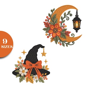 May include: An embroidery design featuring a crescent moon adorned with orange flowers, green leaves, and a hanging black lantern, alongside a black witch hat decorated with an orange bow, white flowers, green leaves, and gold stars. Text reads 9 SIZES.