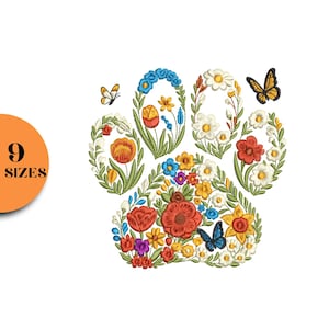 Puede incluir: Diseño de huella de pata bordada con flores y mariposas coloridas. El diseño presenta una variedad de flores en rojo, amarillo, azul y blanco, dispuestas en forma de huella de pata. El texto "9 SIZES" está en un círculo naranja.