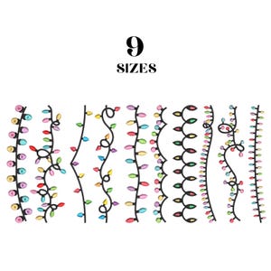 Könnte beinhalten: Weißer Hintergrund mit dem Text "9 GRÖSSEN" über neun verschiedenen Designs von bunten Lichterketten. Jede Lichterkette hat einen schwarzen Draht und eine Vielzahl von farbigen Glühbirnen, darunter rot, grün, blau und gelb.