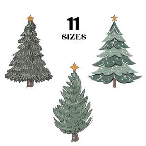 Könnte beinhalten: Drei illustrierte Weihnachtsbäume in verschiedenen Stilen, jeder mit einem goldenen Stern gekrönt. Die Bäume sind in Grün- und Grautönen gehalten, einer mit weißen Punktakzenten. Der Text "11 SIZES" wird in Schwarz angezeigt und gibt Größenoptionen an.