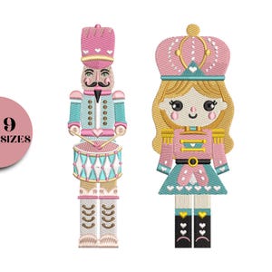 May include: Two embroidered designs on a white background. One is a pink and teal nutcracker soldier with a drum. The other is a princess with a crown, blonde hair, and a pink and teal outfit. The designs are likely for embroidery.