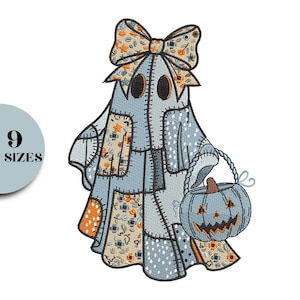 May include: A patchwork ghost design with a bow and a pumpkin-shaped treat basket. The ghost is primarily blue with orange and floral accents. The image includes the text "9 SIZES" in a light blue circle.