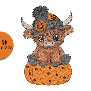 May include: An embroidered design of a Highland cow wearing a gray knit hat with two jack-o'-lanterns. The cow is sitting on an orange pumpkin. An orange circle with the number 9 and the word "SIZES" is in the image.