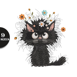 May include: Embroidered image of a black cat with large, expressive eyes and a floral crown. The cat has a fluffy appearance with a long tail and whiskers. The flowers are orange, white, and blue. A black circle with the number "9" and the word "SIZES" is in the image.
