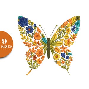 May include: An embroidered butterfly design, filled with flowers and leaves in blue, orange, yellow, and green. The butterfly has a detailed body and antennae. An orange circle with the text "9 SIZES" is in the corner.