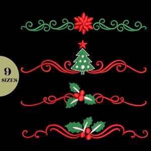 Può includere: Disegni natalizi ricamati su sfondo nero. I disegni includono una stella di Natale rossa con volute verdi, un albero di Natale e agrifoglio con bacche rosse. Il testo "9 SIZES" è in un cerchio.
