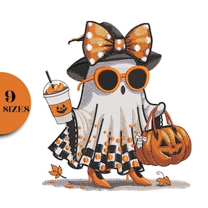 May include: Embroidered Halloween ghost wearing sunglasses, a bow, and heels, holding a pumpkin bag and a pumpkin spice drink. The ghost is wearing a black and white checkered skirt and has orange accents. The image includes the text "9 SIZES" in an orange circle.