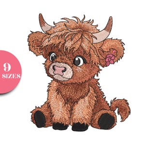 May include: Embroidered image of a Highland cow calf in shades of brown, tan, and black. The calf has large eyes, a pink nose, and a small pink flower in its ear. The image is labeled with the text "9 SIZES" in a pink circle.
