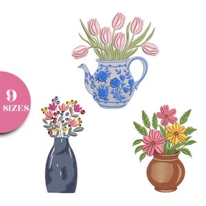 May include: Three floral embroidery designs. The top design features pink tulips in a blue and white teapot. The second design shows a bouquet in a blue vase. The third design shows a bouquet in a brown vase. The text "9 SIZES" is in a pink circle.