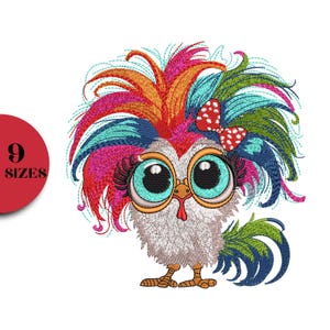 May include: An embroidered cartoon chicken design with large, teal eyes and glasses. The chicken features a vibrant, feathered crest in orange, pink, blue, and green. A red and white polka dot bow is on its head. The design is set against a white background.