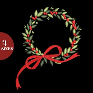 Floral Christmas Wreath Embroidery Design, Wreath Embroidery Design, Christmas Embroidery File, 4 Sizes Included, Instant download