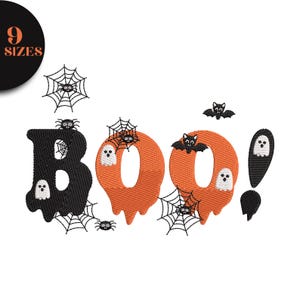 Boo Embroidery Design, Halloween Ghost with Bats Boo Machine Embroidery Design, Boo Text Halloween Embroidery File, Instant Download, 9 Size