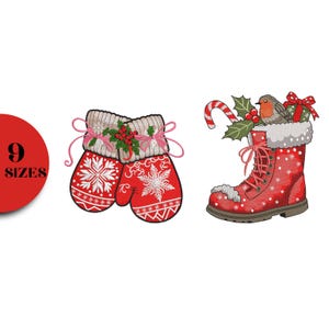 May include: Embroidered Christmas-themed designs on a white background. The image features a pair of red mittens with snowflake patterns, a red boot with a bird, candy cane, and holly, and a red circle with the text "9 SIZES".