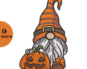 May include: A whimsical Halloween gnome illustration. The gnome wears an orange striped hat and holds a carved pumpkin. The design features a white beard, brown accents, and the text "9 SIZES" in an orange circle.