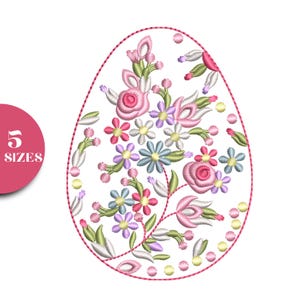 May include: Embroidered egg design with a floral pattern in pink, blue, and green. The egg shape is outlined in pink, and the design includes roses, daisies, and other flowers. The image also includes the text "5 SIZES" in a pink circle.