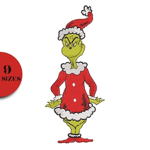 Puede incluir: Diseño bordado del Grinch con un traje rojo de Papá Noel con adornos blancos y un gorro a juego. El Grinch es verde con una expresión enfadada. Un círculo rojo con el texto "9 SIZES" está en la imagen.