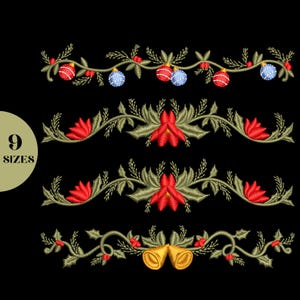 May include: Embroidered Christmas designs on a black background. The designs include garlands with red and blue ornaments, red poinsettias, and golden bells. The text "9 SIZES" is in a circle on the left side.