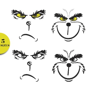 May include: An embroidered design featuring four different Grinch face expressions. The faces are black with yellow eyes and varying expressions of anger and a smile. A yellow circle with the text "5 SIZES" is in the corner.