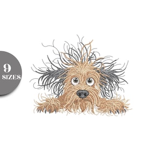 Könnte beinhalten: Gestickte Illustration eines zotteligen Hundes mit überraschtem Gesichtsausdruck. Der Hund hat braunes, beiges und graues Fell, große, runde Augen und eine schwarze Nase. Das Bild enthält einen grauen Kreis mit dem Text "9 SIZES".