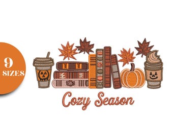 Cozy Season Embroidery Design, Fall Coffee Books Pumpkin Embroidery, Autumn Reading Embroidery, Thanksgiving Machine Stitch Pattern