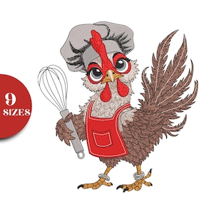 May include: A cartoon rooster wearing a chef's hat and red apron, holding a whisk. The rooster has brown and white feathers, a red comb, and large eyes. A red circle with the text "9 SIZES" is in the corner.