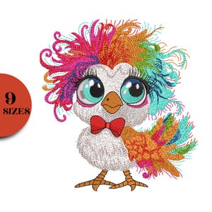 May include: An embroidered design of a whimsical bird with large, turquoise eyes and a red bow tie. The bird has a white body and a colorful, rainbow-coloured feathered head and wings. The image includes the text "9 SIZES" on a red circle.