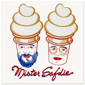 Puede incluir: Ilustración de dos conos de helado con caras. Uno tiene barba azul, el otro lleva gafas. El helado está cubierto con un remolino de crema blanca. Las palabras "Mister Safdie" están escritas en guión rojo y azul.