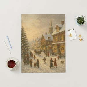 Vintage Christmas Town Wall Art – Snowy Holiday Village Scene, Cozy Winter Street Print, Digital Download, Rustic Christmas Décor