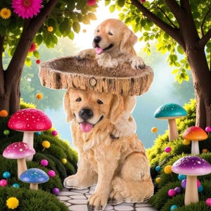Figura de baño para pájaros de Golden Retriever: estatua decorativa de resina color canela para jardín
