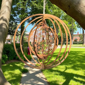 Bronze Rust Metal Wind Spinner: Flower of Life Garden Sculpture - Garden Decor