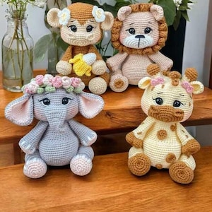Amigurumi animals crochet pattern, monkey, giraffe, elephant, lion 4in1 english and german crochet patterns