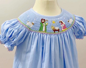 La Boutique by Dondolo Girls Smocked Dress - Christmas Nativity Print main image 0