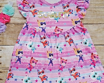 Restocked! Super Kitties dress, Superheroes girl dress. Super Kitties pearl dress. Super Kitties character dress. Kitties Comic dress.