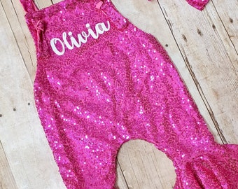 Girl sequin romper, Girl pageant bodysuit, Party girl romper, Bell pants romper, Sequin romper, Hot pink sequin bodysuit pink party bodysuit