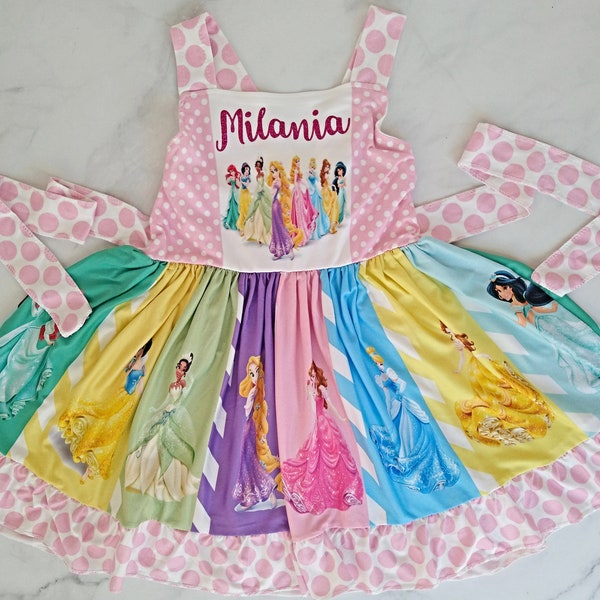 RESTOCKed Princess dress, twirl, panel.  Personalized Disney panel dress,Birthday  Ariel, Cinderella, Belle, Jasmine, tangle, Snow  W Tiana