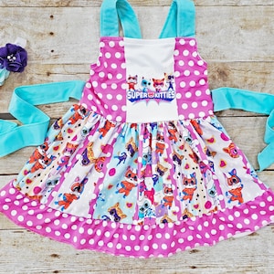 Restocked 4/30 Super Kitties dress, Superheroes girl dress. Super Kitties twirl dress. Super Kitties character dress. Kitties Comic dress.