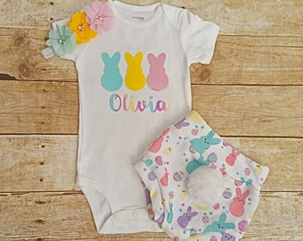 Easter Peeps Personalized  outfit,  Easter outfit, bloomer, headband. First Easter, 1st Easter personalized outfit, Girl Easter bummies