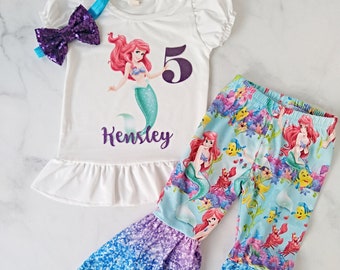 5th Birthday The little Mermaid outfit. Fifth birthday Mermaid outfit. 5 Birthday Ariel outfit, flare pants, Personalized mermaid outfit