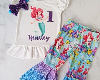 1st Birthday The little Mermaid outfit. First birthday Mermaid outfit. 1st Birthday Ariel outfit, flare pants, Personalized mermaid outfit