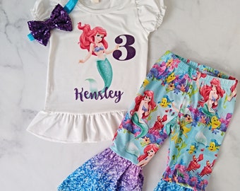 3rd Birthday The little Mermaid outfit. Third birthday Mermaid outfit. 3 Birthday Ariel outfit, flare pants, Personalized mermaid outfit