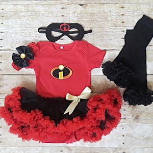 Incredibles Superhero Halloween costume baby girl dress, Tutu dress/bodysuit, headband, leg warmers mask outfit. Nb-24 months