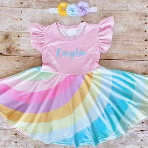 Girl rainbow dress, Rainbow twirl dress. Personalized rainbow dress. Birthday rainbow dress. Toddler rainbow dress.